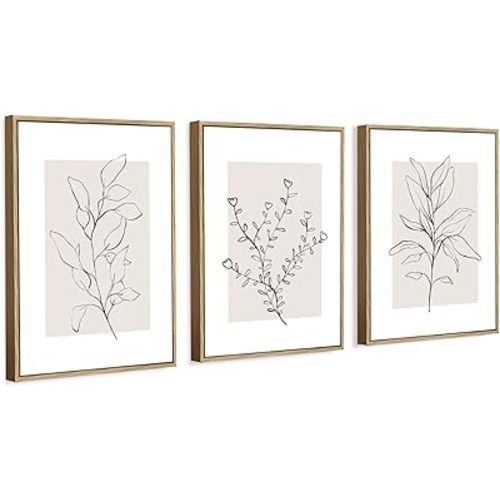 WRFON Framed Botanical Wall Art Set of 3, 12x16 Minimalist Line Art Canvas Prints with Light Natural Wood L-Frame, Neutral Gallery Wall Decor for Hallway, Entryway, Apartment or Bedroom