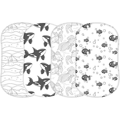 TansyPanda Bassinet Sheets for Halo Bassinest Swivel, Flex, Glide, Premiere and Luxe Series Sleeper, Pack of 4, 33 X 17 Inch, Ultra Soft, Snug Fit, Unisex Boys Girls, Gray White (Ocean Fish Theme)