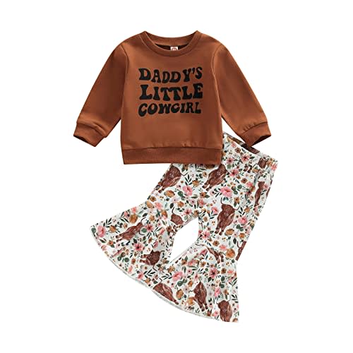 Karuedoo Toddler Baby Girl Western Outfit Letter Print Crewneck Sweatshirt Top Cow Flared Pants Set 2PCS Fall Winter Outfits
