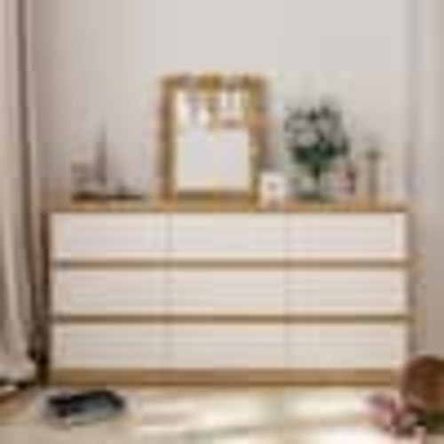 FUFU&GAGA 9-Drawer Natural Brown Wood Dresser Modern Style 31.5 in. H x 63 in. W x 15.7 in. D KF250020-02