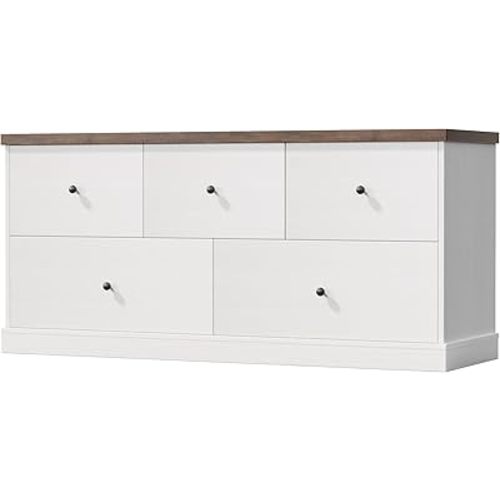 Flamaker Dresser for Bedroom with 5 Drawers, Wood Chest of Drawers, TV Stand and Storage Organizer, for Living Room Hallway Entryway (White)