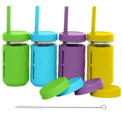 WeeSprout Glass Cups with Lids & Straws, Spill-Resistant Cups - 12 oz, Set of 4 (Bright Blue, Green, Purple, Yellow)