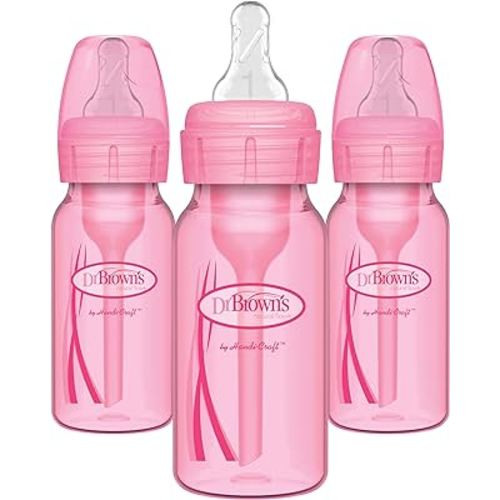 Dr. Brown's Anti-Colic Options+ Baby Bottles, 4 oz/120 mL, with Level 1 Slow Flow Nipple, Pink, 3 Pack, 0m+
