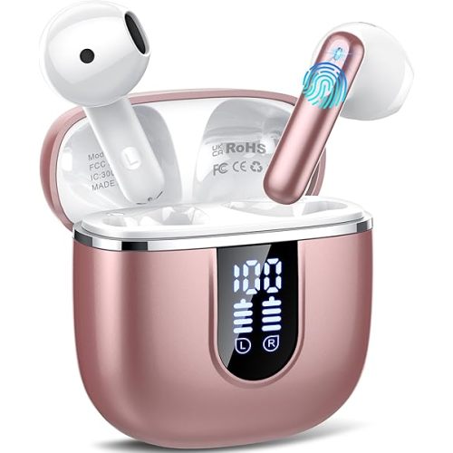 Wireless Earbuds, Bluetooth 5.4 Headphones with 3D Bass Stereo, 40H Ultralight in-Ear Buds, Bluetooth Earbuds with 4 ENC Noise Cancelling Mic, USB-C, IP7 Waterproof Earphones for Android iOS, Rose