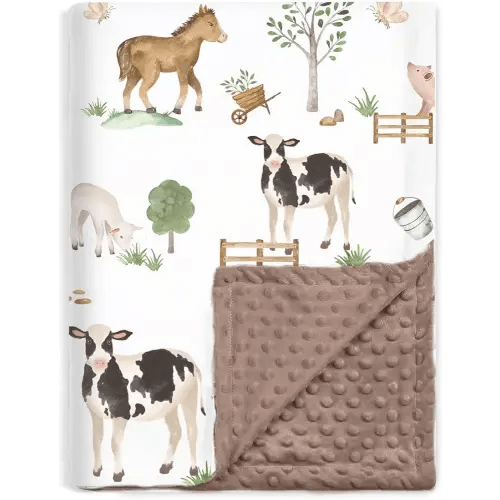 BOPRIO Baby Blankets for Boys Girls, Soft Lightweight Nursery Minky Blankets with Double Layer Dotted Backing for Infant Toddler Nursery Crib with Cute Farm Animals Design 30 x 40 Inch