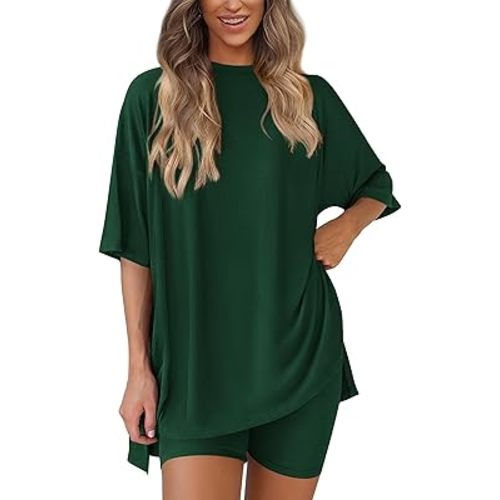 PRETTYGARDEN Women's Two Piece Lounge Set 2025 Summer Casual Oversized Shirts Biker Shorts Matching Airport Travel Outfit