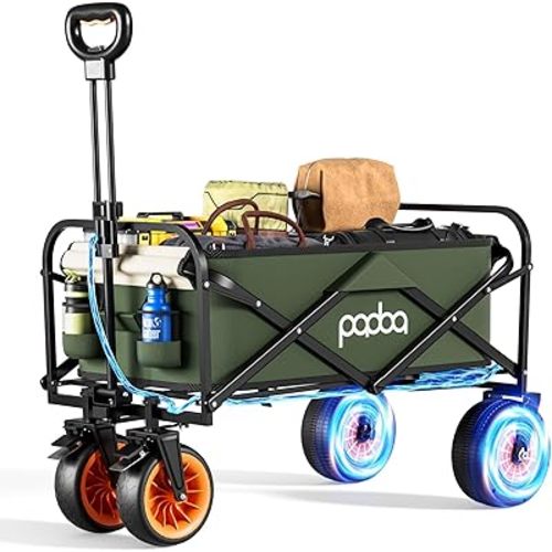 Electric Assistance Collapsible Folding Garden Wagon, 300LBS Grocery Cart with Big All-Terrain Wheels, Portable for Camping Outdoor Beach Fishing Picnic Sports Shopping (Green)