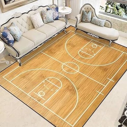 Brown Basketball Court Area Rug, Retro Wooden Sports Ground Indoor Non-Slip Kids Rugs, with Anti-Slip Backing Washable Carpet for Living Room Bedroom Study Dining Room - 6' x 9', Style-13