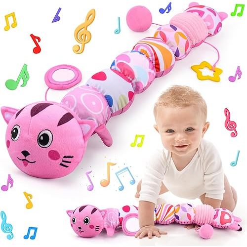 Infant Baby Toys 0 to 12 Months, Stuffed Animal Tummy Time Toys Sensory Toys with Crinkle Rattles Textures and Mirror Gifts for Newborn Boys Girls, Cat Caterpillar Musical Toys (Pink)