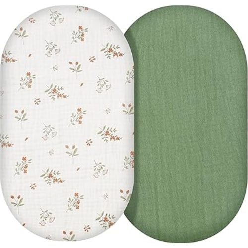 Muslin Bassinet Sheets, Baby Boy and Baby Girl Sheets, Soft Breathable Stretchy Baby Pad/Sheet Set, Universal for Any Mattress, Rectangle, Oval, Hourglass,33''x17''2 Pack (Floral, Green