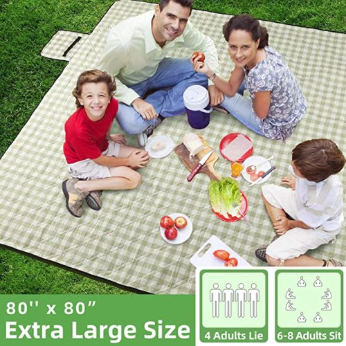 Extra Large Picnic Outdoor Blanket, 80''x80'' Waterproof Foldable Blankets Gingham Picnic Mat for Beach, Camping Grass Lawn Park Accessories Cute Couples Gift Ideas Wedding Registry (Green White) - Green and White