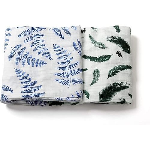 Margaux & May Organic Muslin Swaddle Blankets 2 Pack - GOTS Certified Organic, Large 47x47 Inches, Breathable Baby Blankets, Blue Fern Green Feather - Newborn Essentials Must Haves
