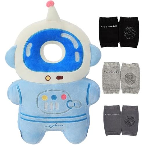Baby Head Protection Backpack with 3 Baby Knee Pads - Soft & Lightweight Head Protection for Walking and Crawling,Blue White Astronauts