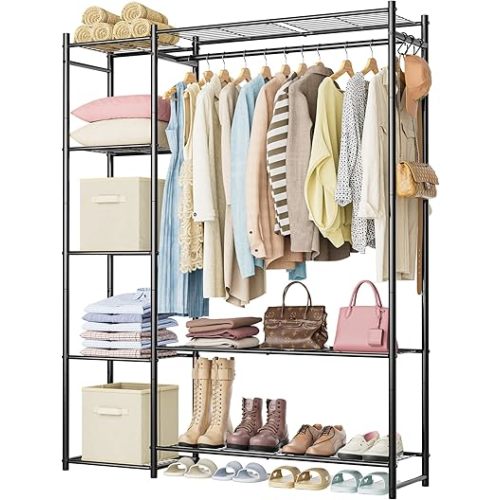 Wardrobe Closet,Portable Clothes Rack with 4 Tiers Shelves,Freestanding Closet Organizers and Storage System with Hanging Rods,Steel Clothing Rack Suitable for Cloakrooms,Bedrooms,Entrances,etc.Black