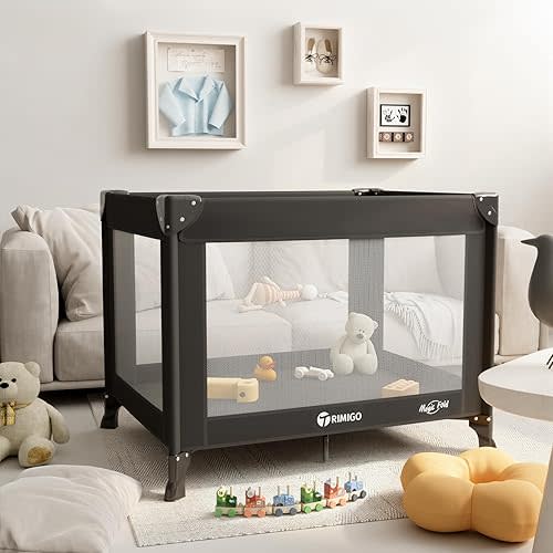 Portable Travel Crib & Playpen - Baby Safe Folding Travel Bed w/Mattress, Breathable Mesh | Compact Lightweight Baby Bed | Pack and Play for Babies & Toddlers (Black)