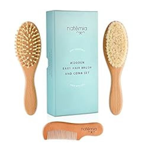 Natemia Baby Hair Brush and Comb Set for Newborns - Wooden Baby Hair Brush and Comb Set - Soft Bristle Hair Brush as Baby Registry Gift Set - Toddler Cradle Cap Brush - Baby Comb & Baby Brush Wooden