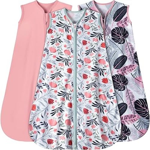 Baby Sleep Sack 0-6 Months 3 Pack Baby Wearable Blanket 100% Rayon Cotton 2-Way Zipper Toddler Sleeping Sack .Comfy Soft Lightweight TOG 0.3 (Banana&Flower&Pink)