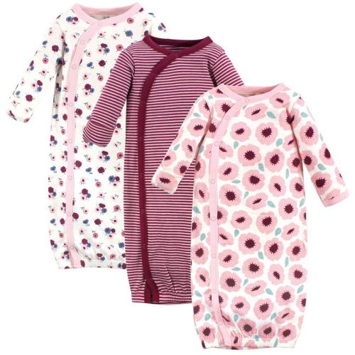 Touched By Nature Baby Girl Organic Cotton Side-closure Snap Long-sleeve Gowns 3pk, Blush Blossom, 0-6 Months