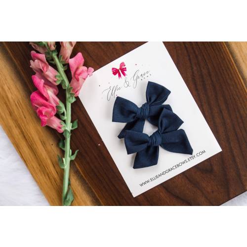 Navy Blue Hair Bows - Pigtail Bow Set - 100% Cotton Fabric Alligator Clip Bows - Pigtail Clips - Toddler Girl Hair Clips