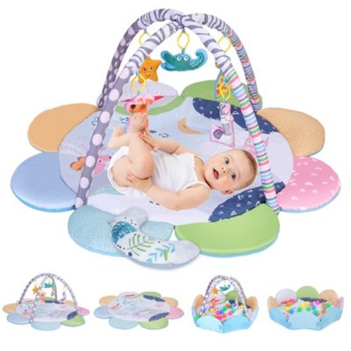 Minikid Baby Play Gym,Baby Tummy Time Activity Mat with 5 Sensory Toys,20 Ocean Balls,Floor Crawling Mat for Early Stage-Based Sensory and Motor Skill Development for Infant