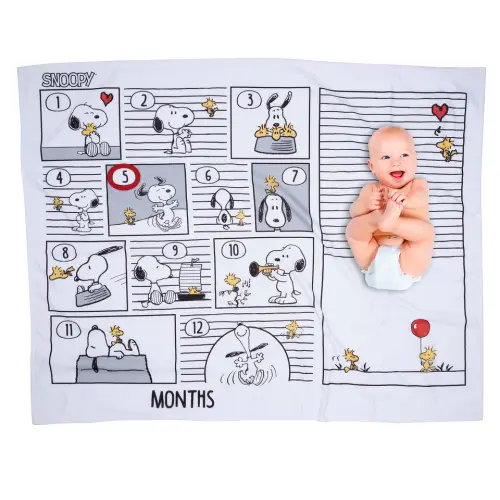 Snoopy Milestone Photo Opportunity Black/White Fleece Baby Blanket – Lambs & Ivy