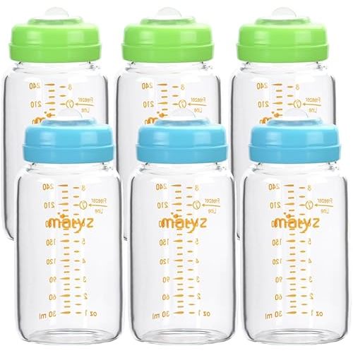 Matyz Glass Breastmilk Storage Bottles, 6 Pack, 8 oz, Compatible with Spectra Medela Pump - Store, Freeze, Warm Up Milk Well - Large Breastmilk Storage Containers - No BPA (3 Green & 3 Blue Lids)