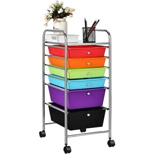 GOFLAME 6-Drawer Rolling Storage Cart, Multifunctional Art Craft Organizer Cart, Mobile Utility Storage Cart with Removable Drawers & Lockable Wheels, Craft Cart for Home Office, School, Multicolored