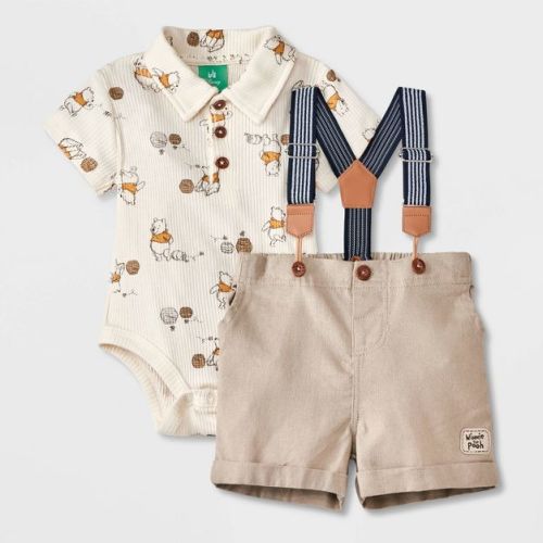 Baby Boys' Disney Winnie The Pooh Short Sleeve Bodysuit And Shorts Suspender Set - Beige Newborn