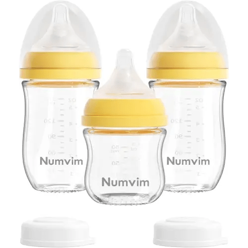 Glass Nurturing Baby Bottle Gentle & Extra Slow Flow, Newborn Breastfeeding Bottle with Anti Colic Nipple for 0 Months Babies, 3 Packs, (Yellow, 3oz+5oz)