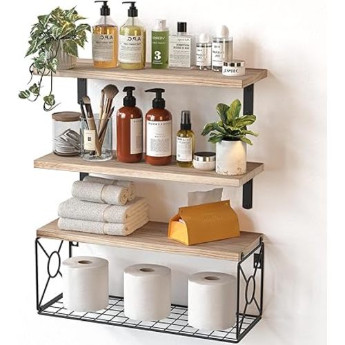 Amada Bathroom Shelves Over Toilet with Storage Basket, Floating Shelves Wall Shelves for Home Organization & Wall Decor, Bathroom/Kitchen/Living Room Shelves–Natural Wood