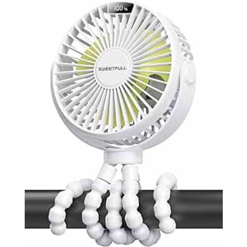 SWEETFULL Portable Stroller Fan with LED Display 4000mAh Battery Powered Mini Clip Fan, 4-Speed Rechargeable Small Personal Fan Handheld Desk Cooling Fan for Car Seat Crib Treadmill Travel(White)