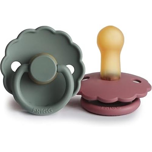 FRIGG Daisy Natural Rubber Baby Pacifier | Made in Denmark | BPA-Free (Dusty Rose/Lily Pad, 6-18 Months) 2-Pack