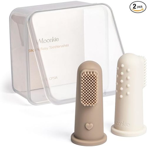 Moonkie Baby Toothbrush Finger Toothbrush Oral Cleaner Kit for 3 Months +, 2 Pcs Small (Warm Taupe/Ivory)