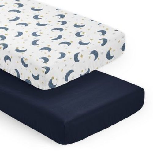 Sweet Jojo Designs Boy, Girl, Unisex/Gender Neutral Fitted Crib Sheets Set Stars and Moon Blue Gold and White 2pc