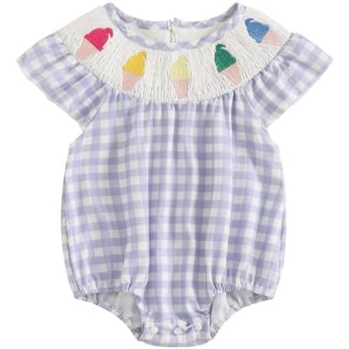 Newborn Infant Baby Girl Bubble Romper Ruffle Sleeve Ice Cream Smocked Plaid/Striped Bodysuit Cute Summer Clothes