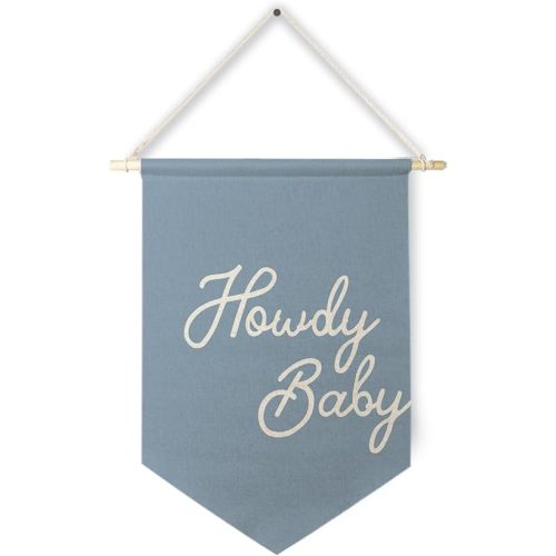 Qpenm Howdy Baby Blue Preppy Wall Hanging Canvas Banner, Western Nursery Decor, Trendy Aesthetic Blue Howdy Hanging Pennant Flag Posters Prints for Cowboy Cowgirl Room Decor