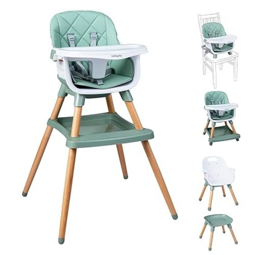 BABY JOY 8-in-1 High Chair, Convertible Wooden Highchairs for Babies and Toddlers | Dining Booster Seat | Toddler Stool, Double Removable Tray, 5-Point Safety Harness & Waterproof PU Cushion (Green)