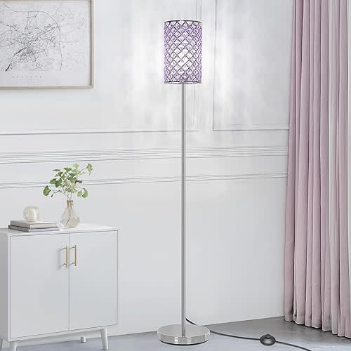 Floor Lamp for Bedroom, Silver Crystal Lamp with Lavender Shade&Foot Switch