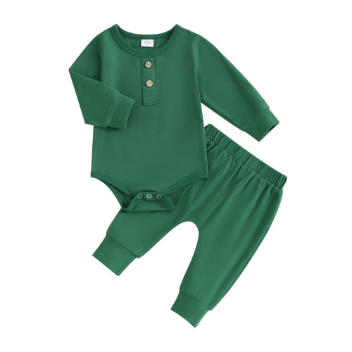 FEORJGP Infant Boys 2PCS Outfit Newborn Baby Long Sleeve Bodysuit Crew Neck Button Romper Solid Color Pants Sets for Toddler Fall Loose Casual Clothes Set