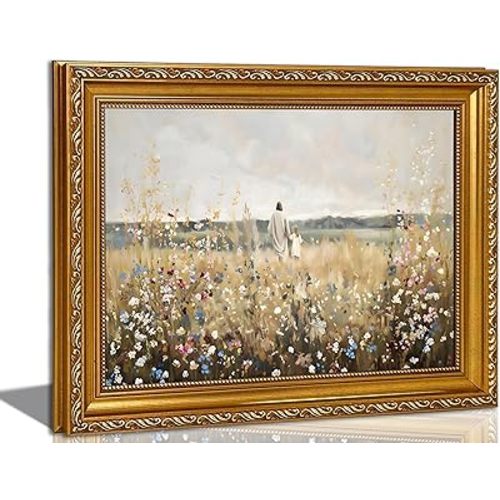 Vintage Gold Framed Wall Art Jesus and Girl Wall Decor Christian Religious Posters Prints Jesus and Girl Walking in Wildflower Painting Pictures for Living Prayer Room Bedroom 12x16 Inches