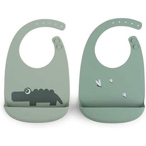Done by Deer Croco Green Silicone Bib 2-Pack - Waterproof, Adjustable, Easy-to-Clean - Baby Must-Haves with Food-Grade Silicone