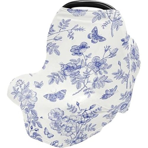 Toile Pattern Baby Car Seat Cover Multi-Use Infant Stroller Canopy Stretchy Breathable Carseat Covers Nursing Cover for Newborn Breastfeeding