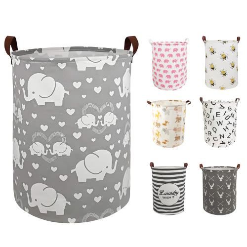 Furrygo Large Laundry Basket, Waterproof Canvas Laundry Hamper, Collapsible Storage Basket Bin for Kids Room, Toy Organizer, Nursery Hamper, Clothes Hamper, Gray Elephants