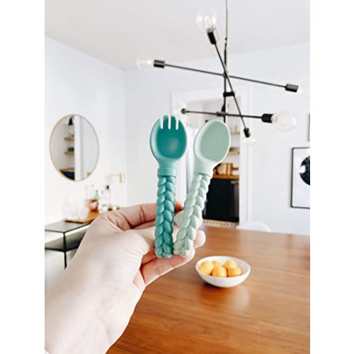 Itzy Ritzy Silicone Spoon & Fork Set; Baby Utensil Set Features A Fork and Spoon with Looped, Braided Handles; Made of 100% Food Grade Silicone & BPA-Free; Ages 6 Months and Up, Mint