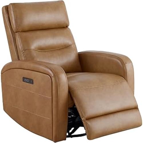 Watson & Whitely Swivel Recliner with Power Headrest, Recliner Chairs for Adults, Small Glider Rocker for Living Room, Faux Leather in Camel