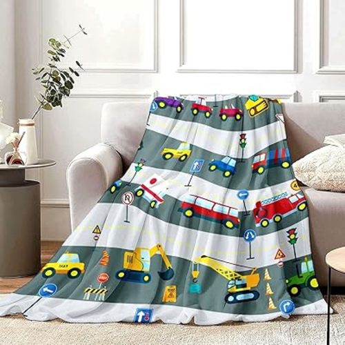 Construction Throw Blanket for Boys, Soft Cozy Cartoon Cars Fuzzy Flannel Blanket Gift for Kids, 40 x 50 Inch Warm Transportation Fire Truck Fleece Blanket for Toddler Sofa Bed Couch Nursery Decor