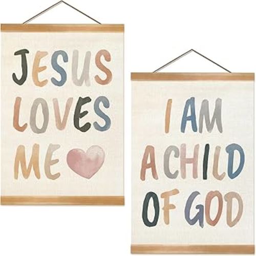 Kids Wall Art Set of 2-Jesus Loves Me I Am a Child of God,Christian Religious Bible Verse Wall Hanging for Nursery, Kids Room Decor, Girls and Boys Room, Boys Girls Bedroom, Playroom, Classroom Poster Decoration