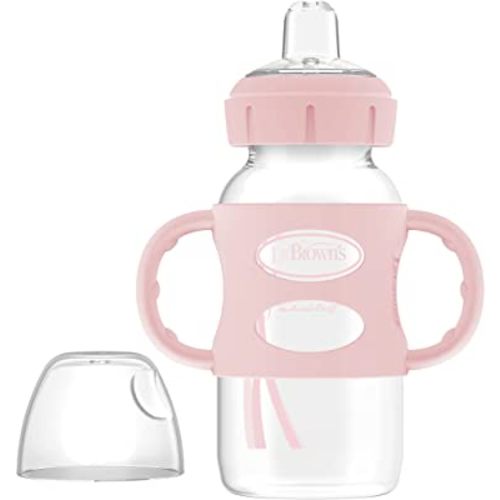 Dr. Brown's Milestones Wide-Neck Sippy Spout Bottle with 100% Silicone Handles, Easy-Grip Handles with Soft Sippy Spout, 9oz/270mL, Light-Pink, 1-Pack, 6m+