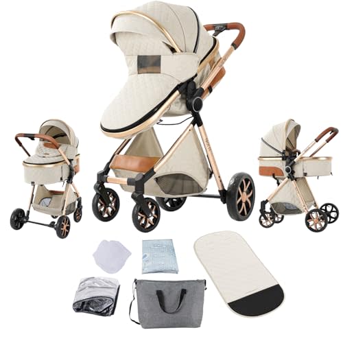 2 in 1 Baby Stroller with Bassinet, Reversible Newborn Foldable Pram, Infant High Landscape Pushchair, Portable Standard Stroller, Reclining Buggy, Baby Carriage (2USV9-WHITE)