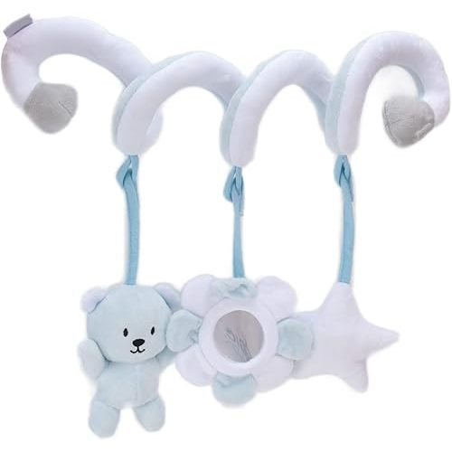 Vikye Crib Stroller Toy, Plush Spiral Rattle with Sounding Bell, Sensory Training Toy for Babies 1 Month+, Hand Eye Coordination Development (Blue Bear)